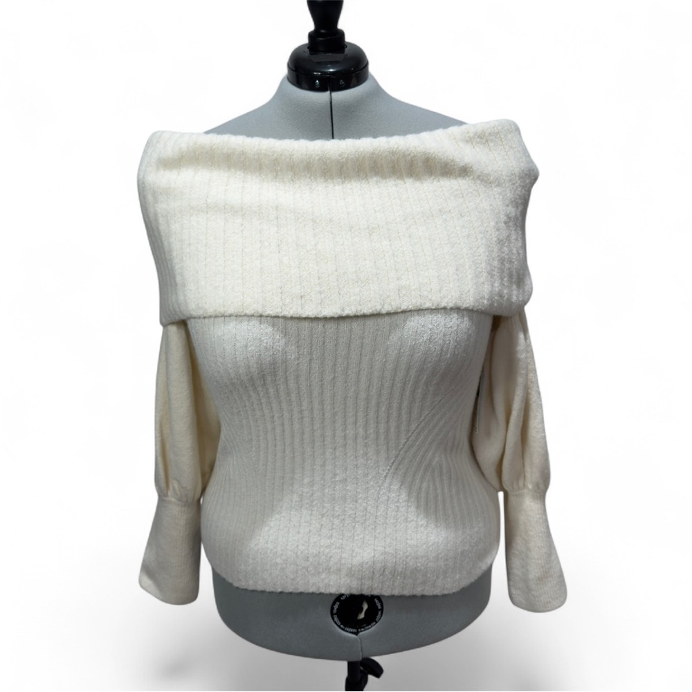Anthropologie Tessa Off-The-Shoulder Puff-Sleeve Sweater Ivory Knit Plus Size - Picture 4 of 11